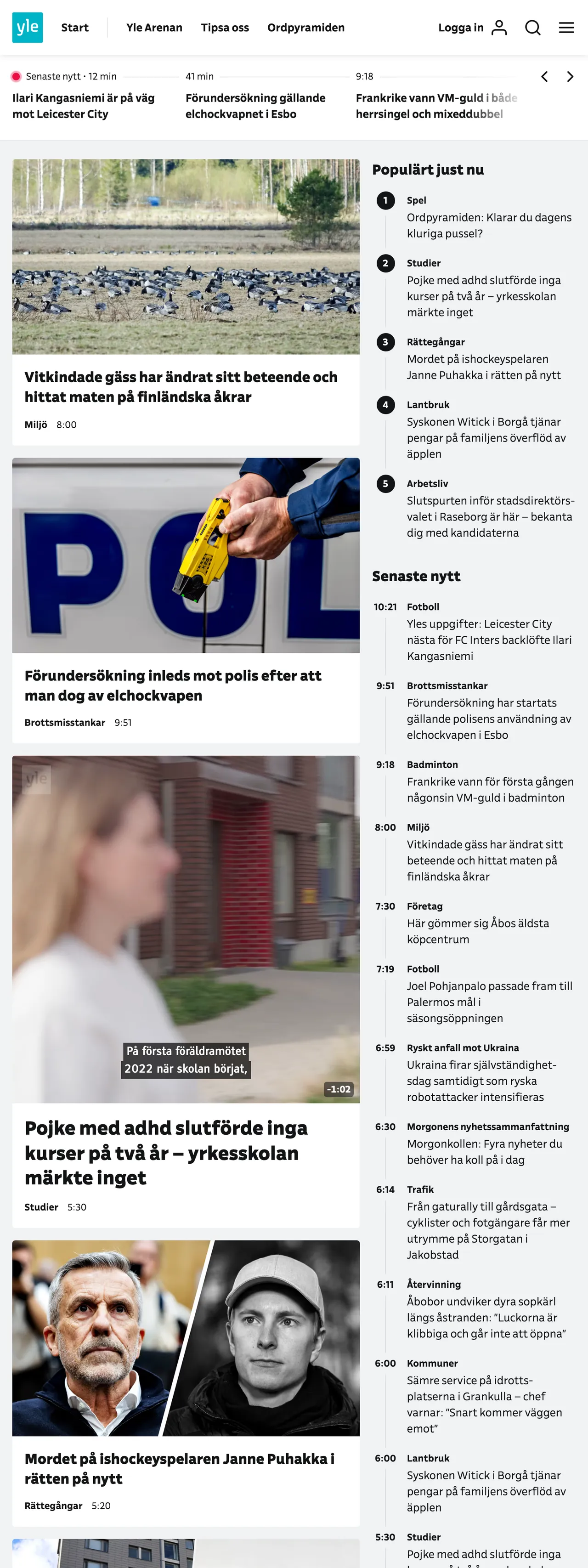 Screenshot of the Svenska Yle front page