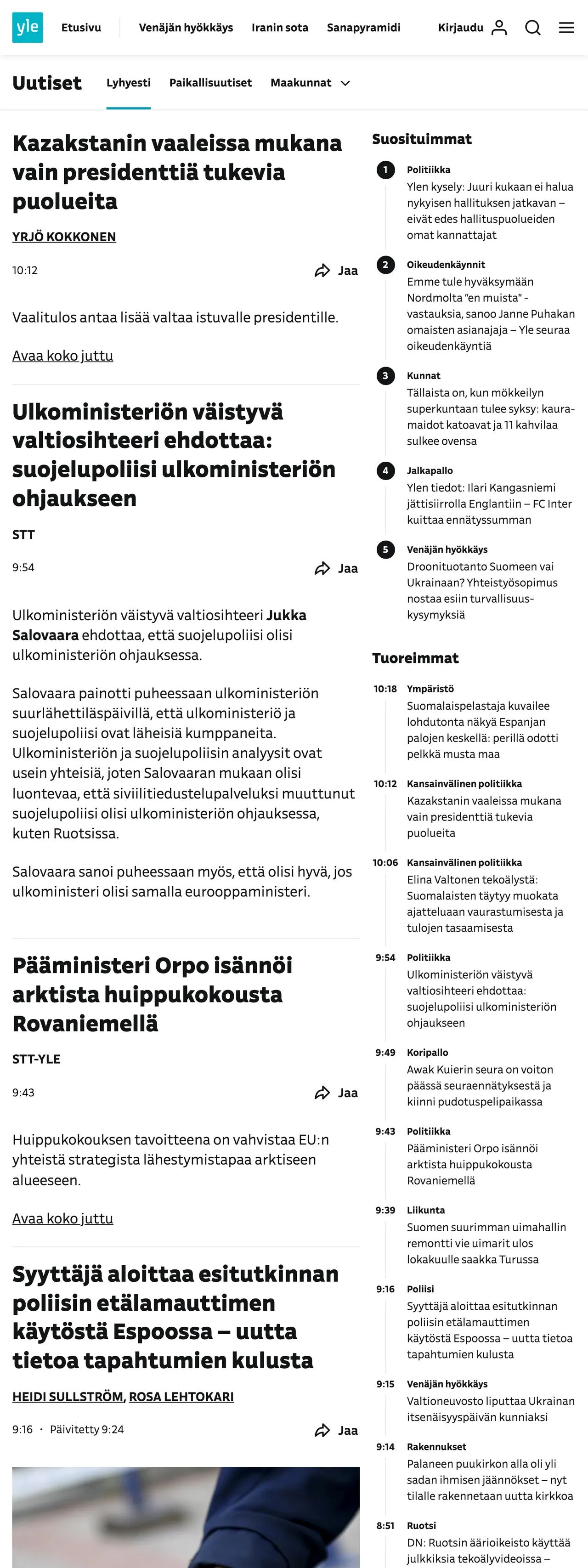 Screenshot of the Yle front page