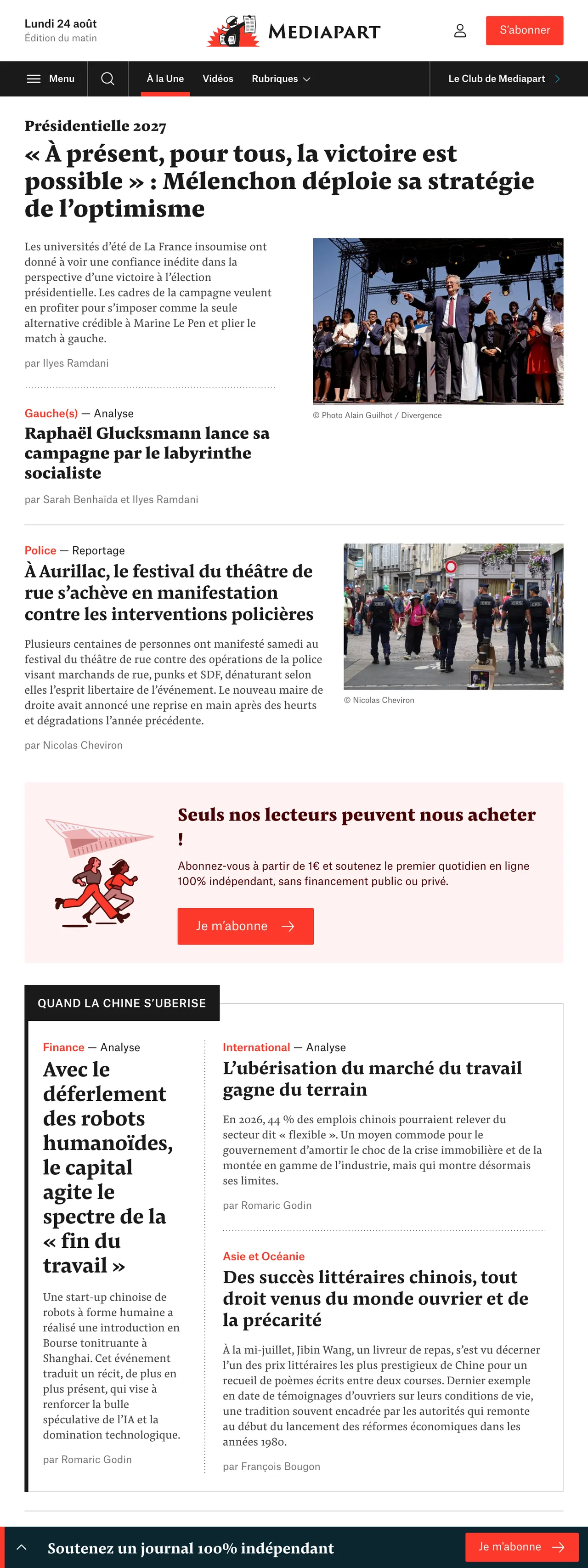 Screenshot of the Mediapart front page