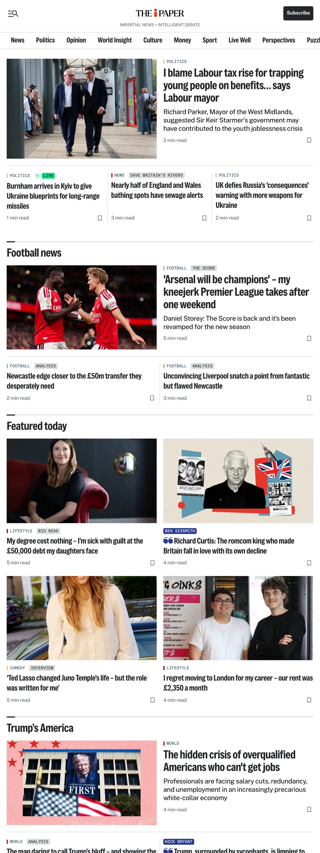 Screenshot of the The i Paper front page