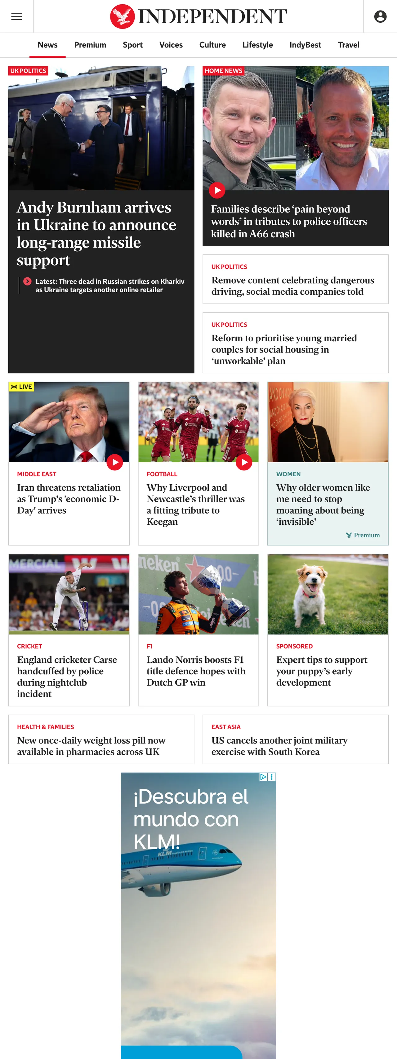 Screenshot of the The Independent front page