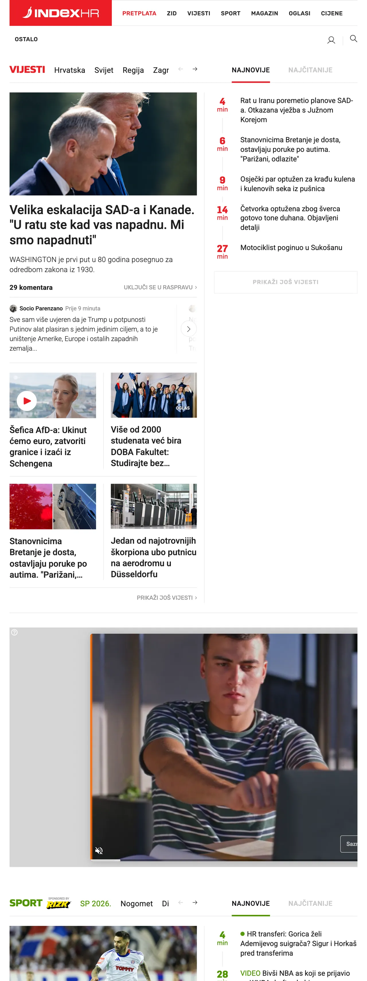 Screenshot of the Index.hr front page