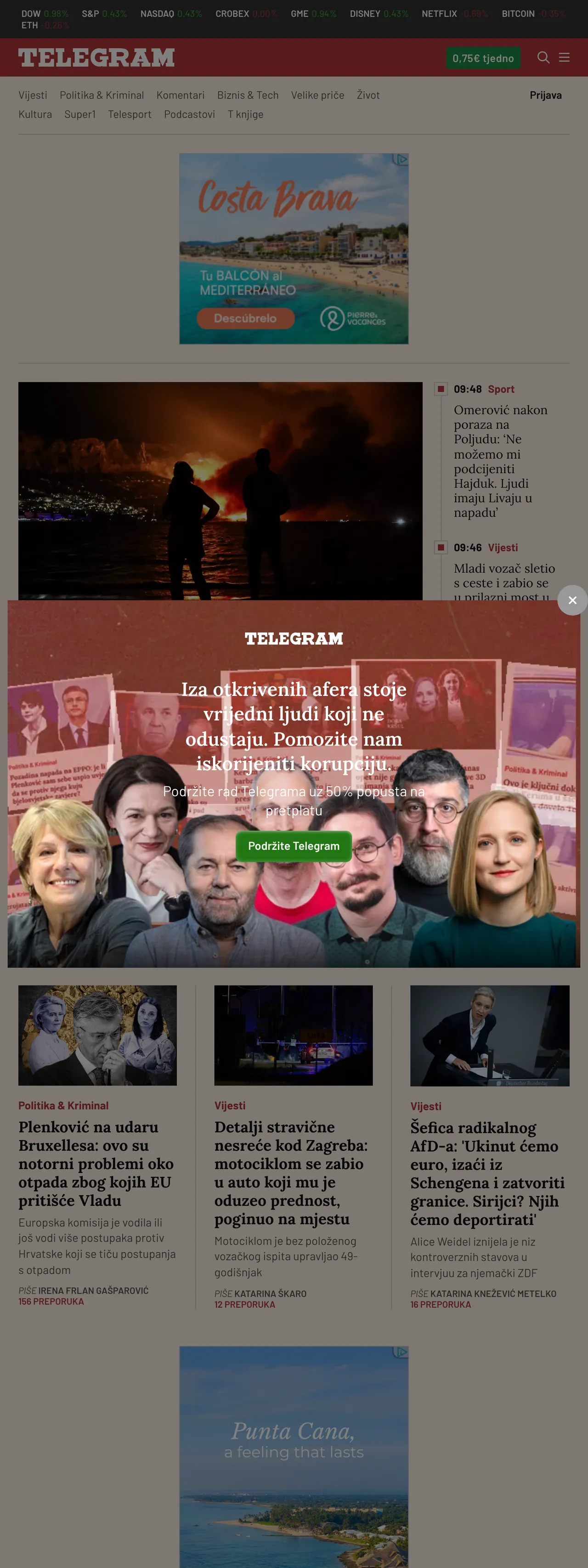 Screenshot of the Telegram.hr front page