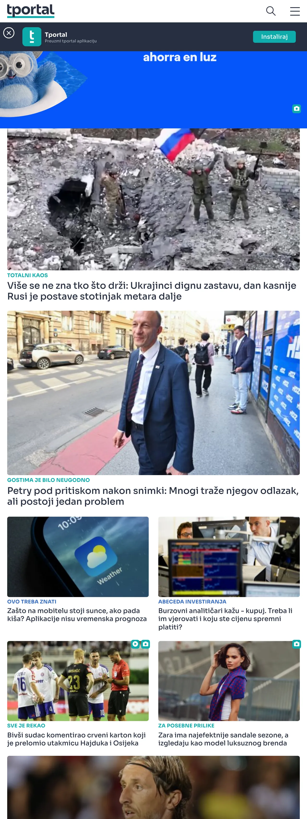 Screenshot of the tportal front page