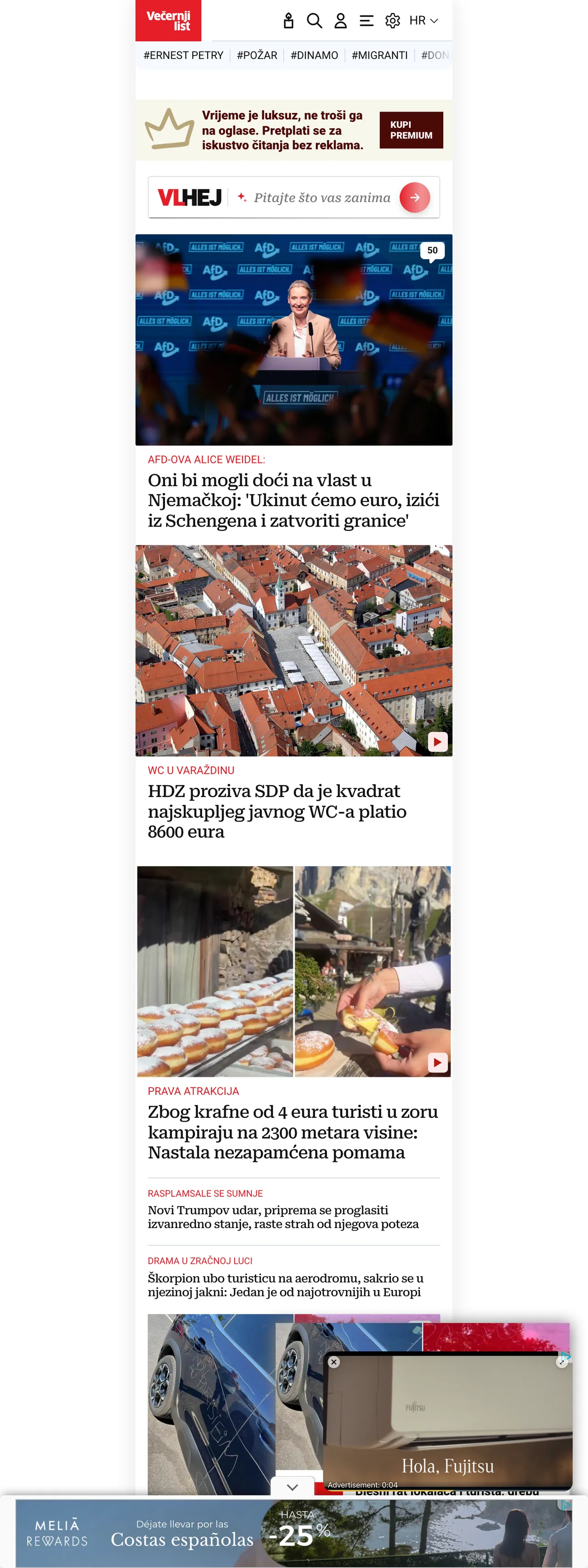 Screenshot of the Večernji list front page