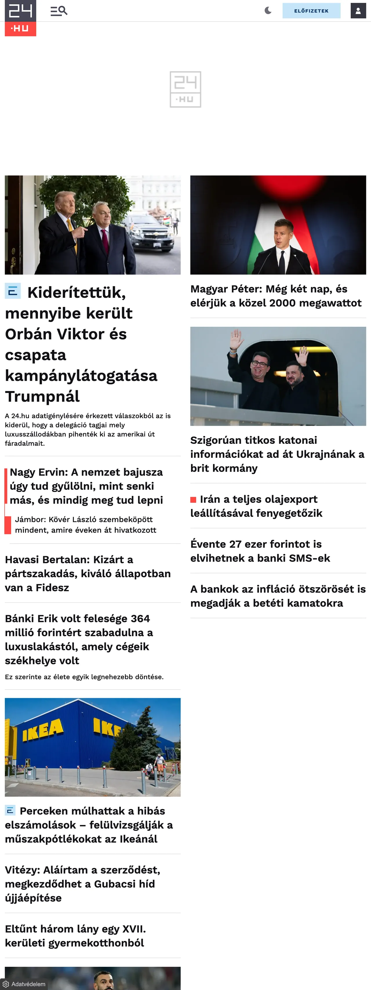 Screenshot of the 24.hu front page