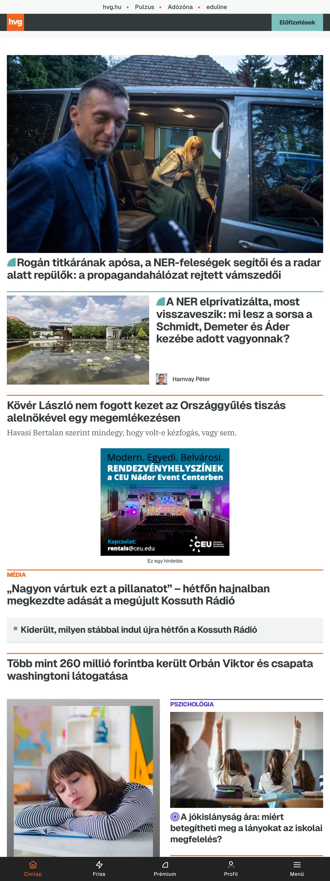 Screenshot of the HVG front page