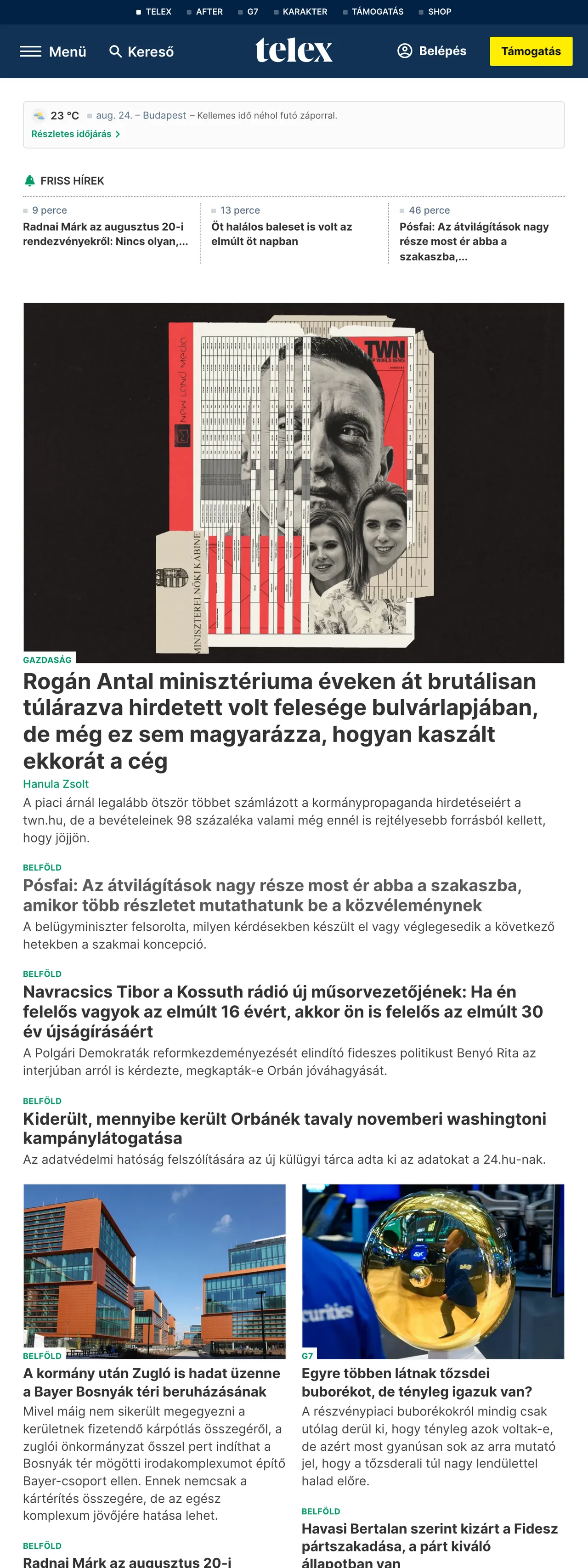Screenshot of the Telex front page