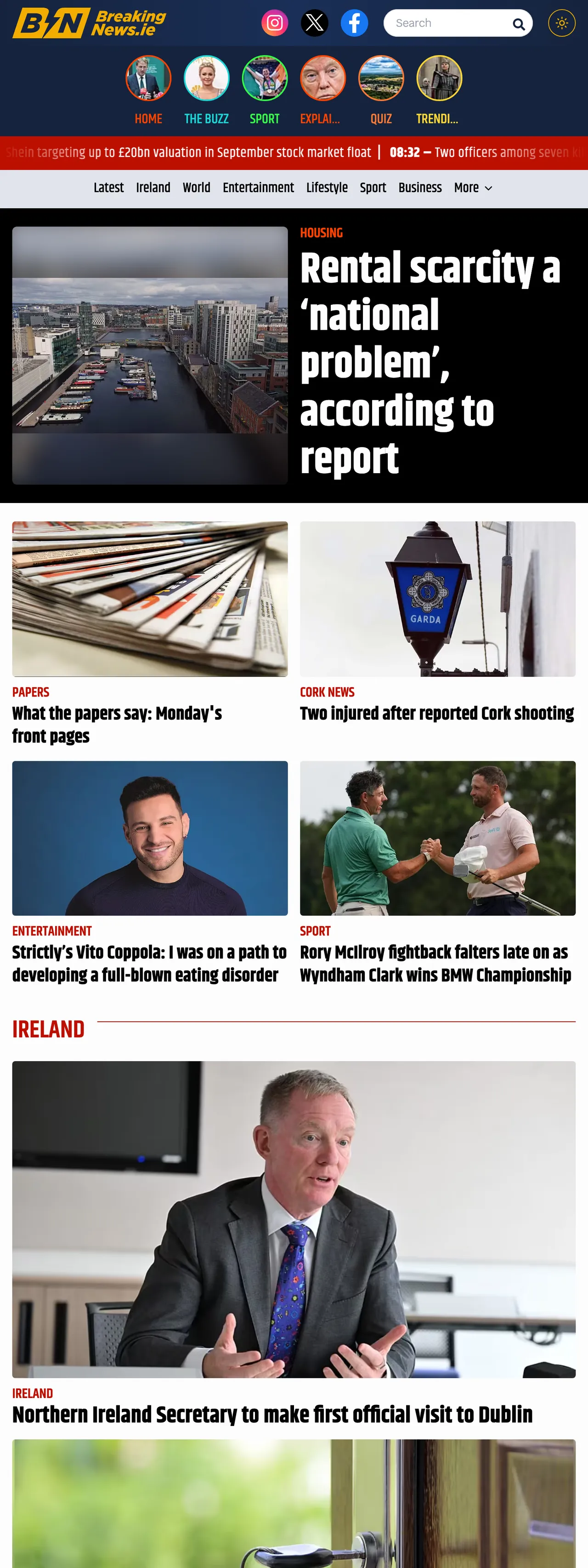 Screenshot of the BreakingNews.ie front page