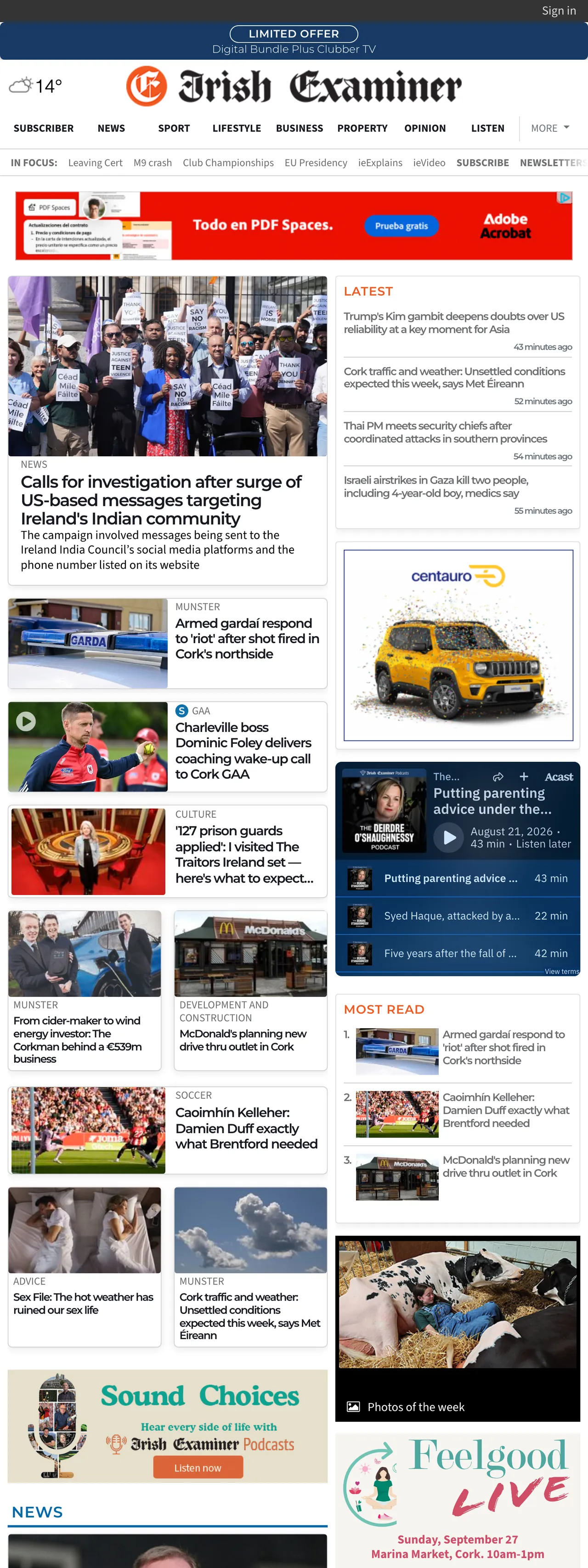Screenshot of the Irish Examiner front page
