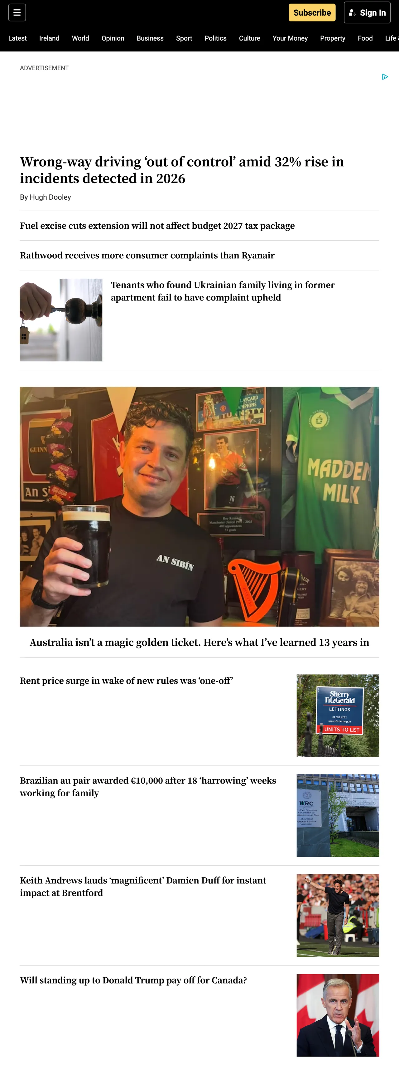 Screenshot of the The Irish Times front page
