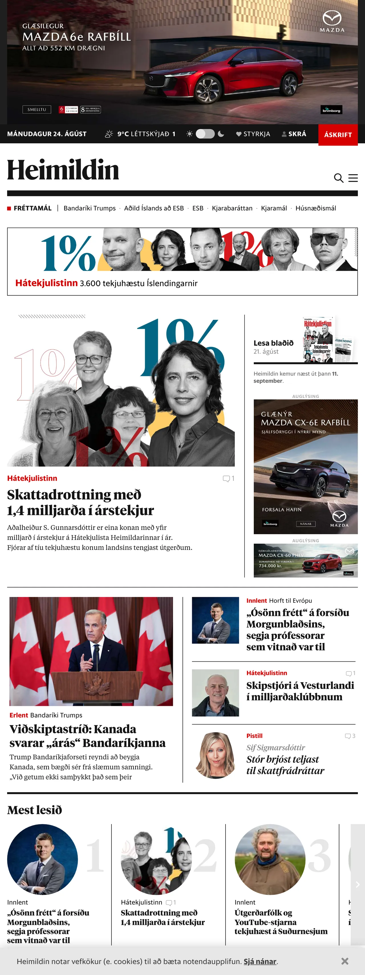 Screenshot of the Heimildin front page