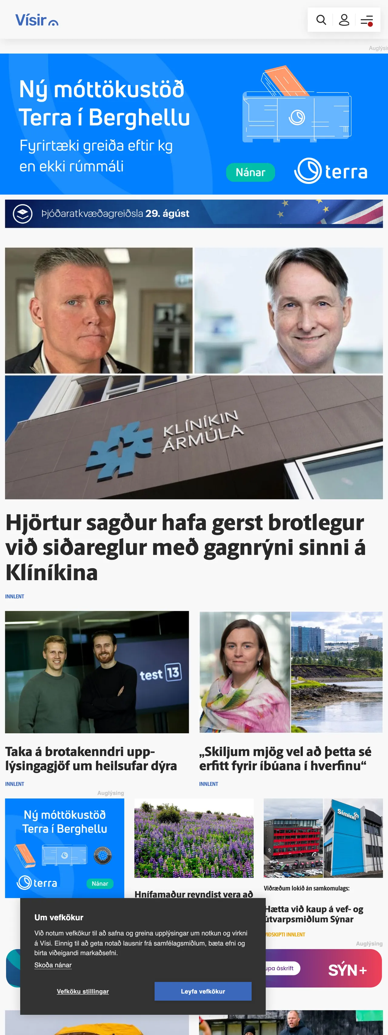 Screenshot of the Vísir front page