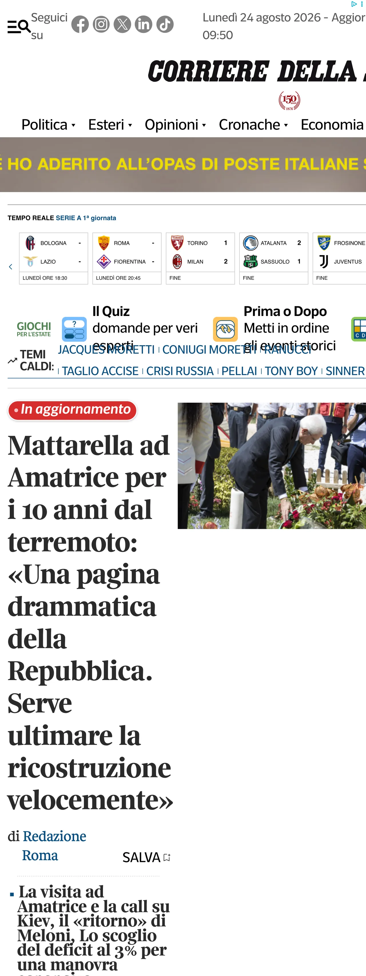 Screenshot of the Corriere della Sera front page