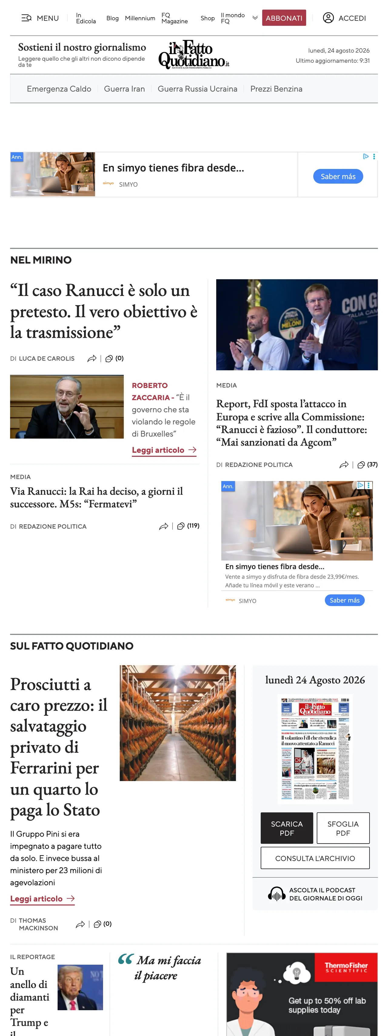 Screenshot of the Il Fatto Quotidiano front page