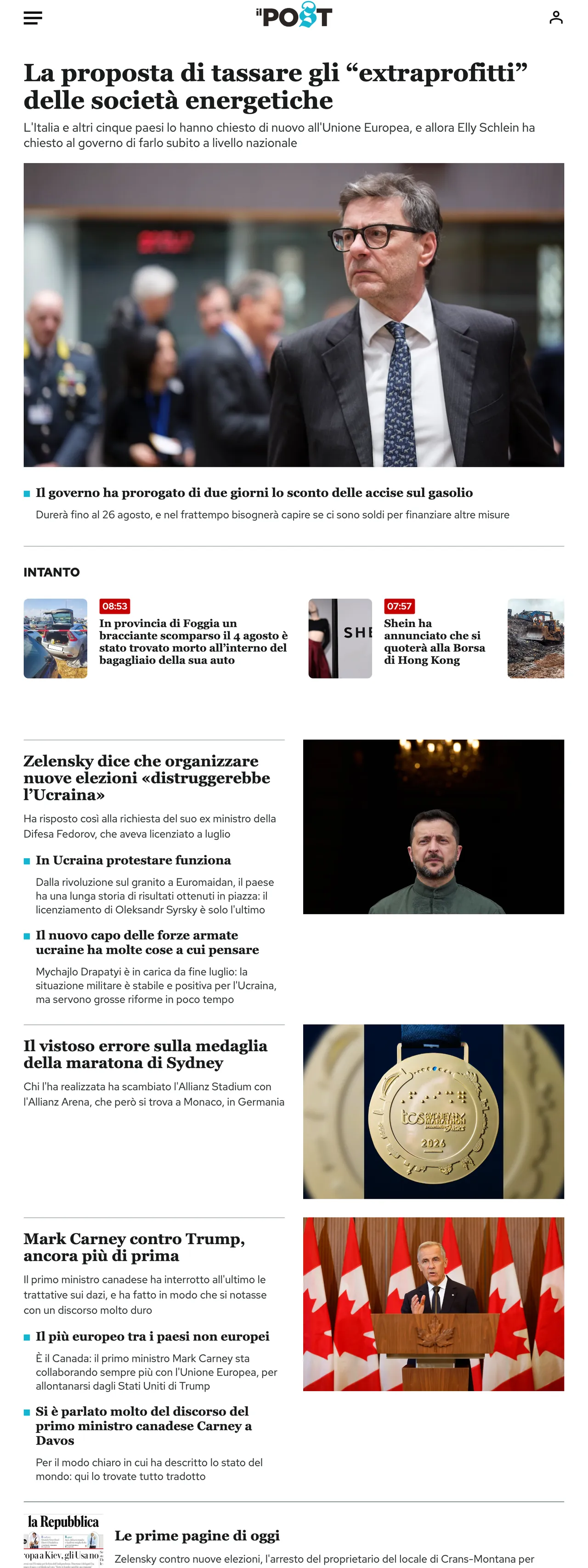 Screenshot of the Il Post front page