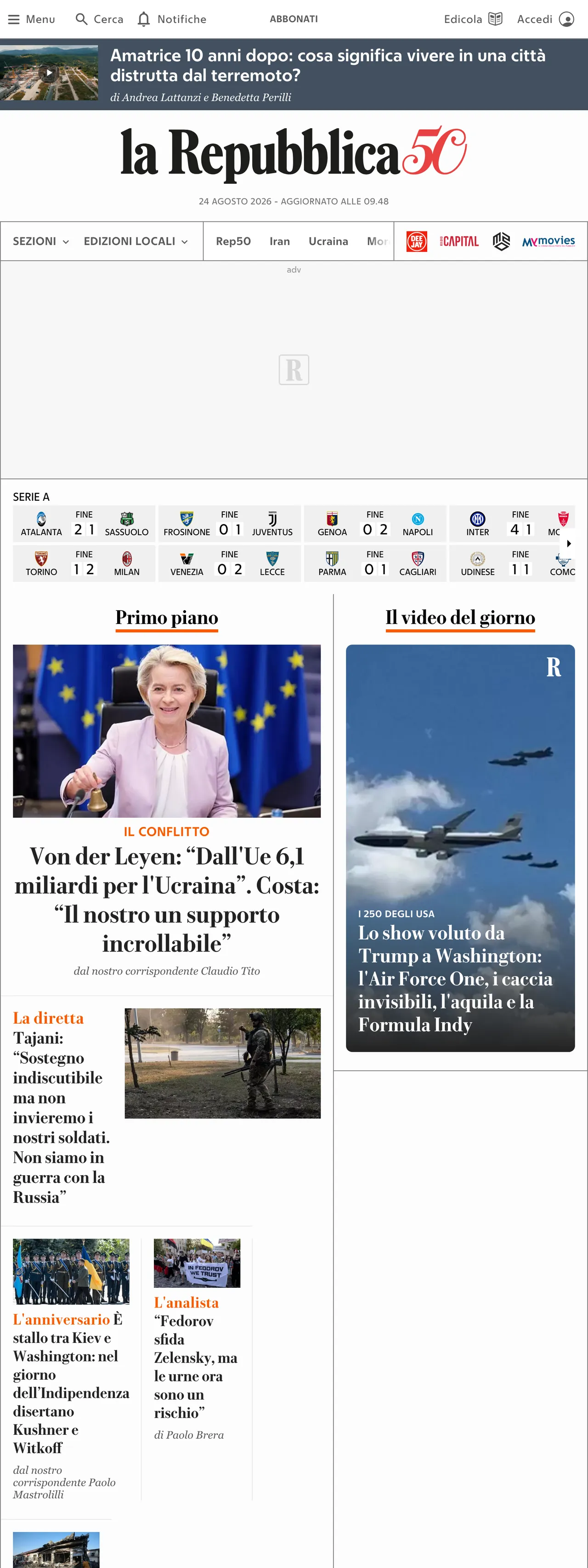 Screenshot of the la Repubblica front page