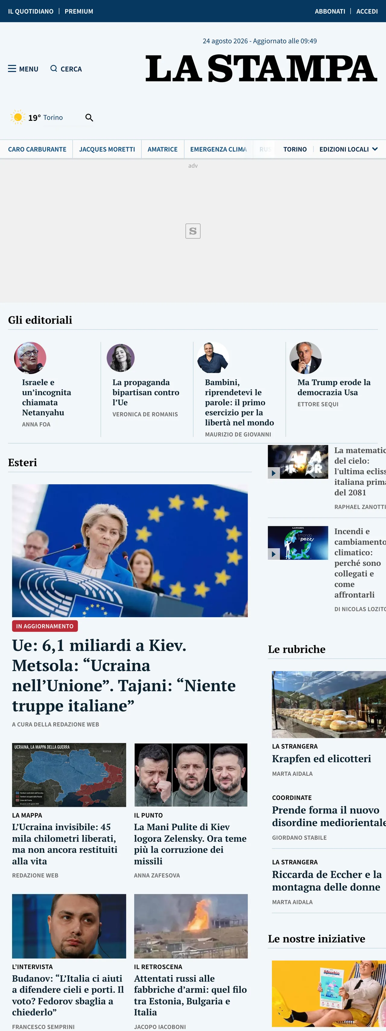 Screenshot of the La Stampa front page