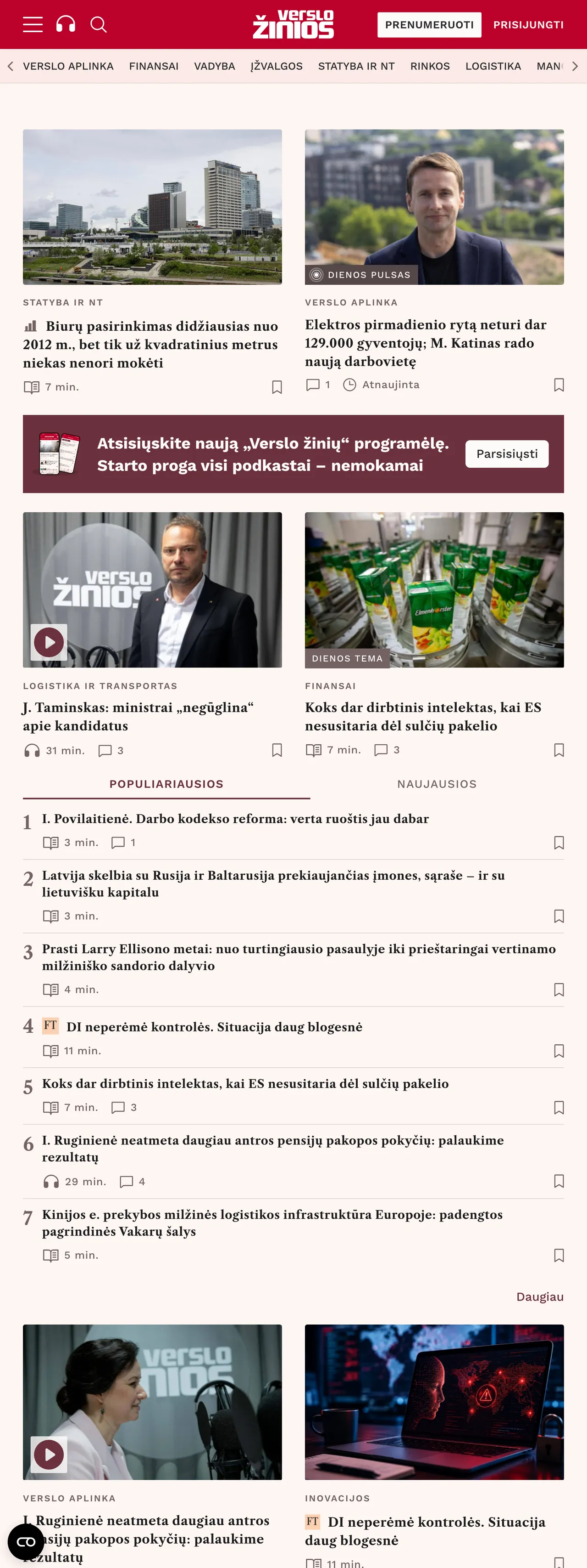 Screenshot of the Verslo žinios front page