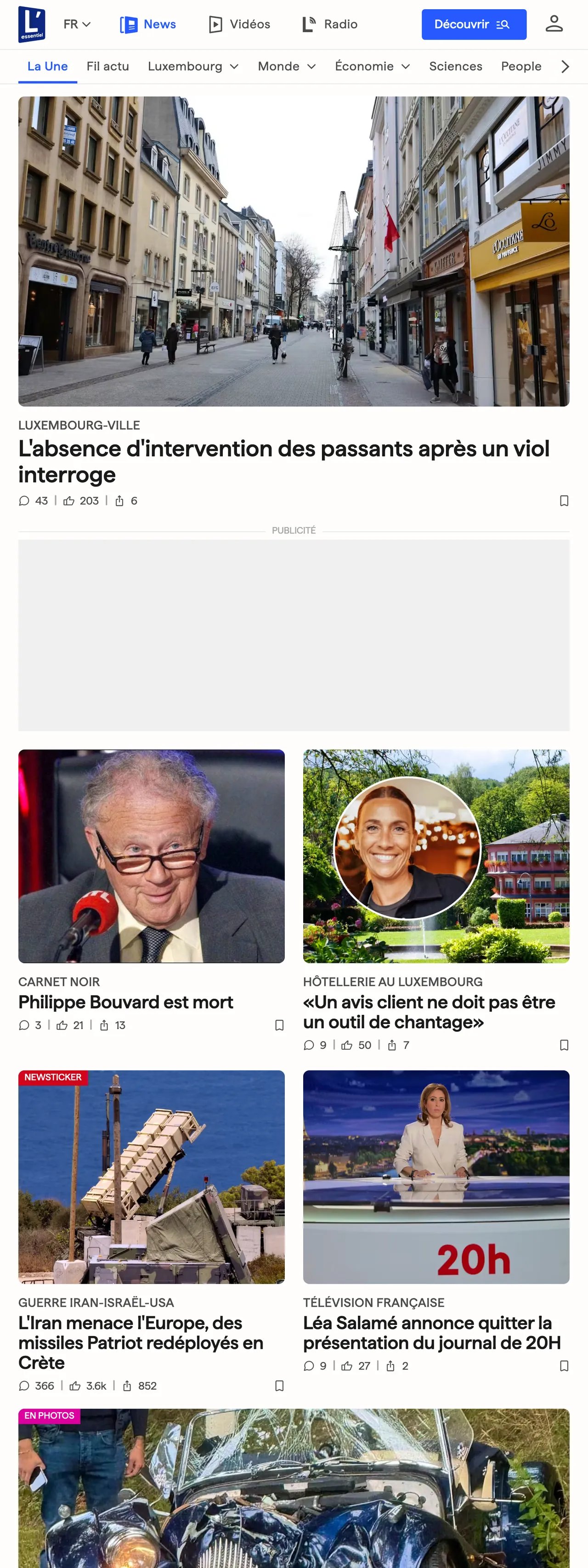 Screenshot of the L'essentiel front page
