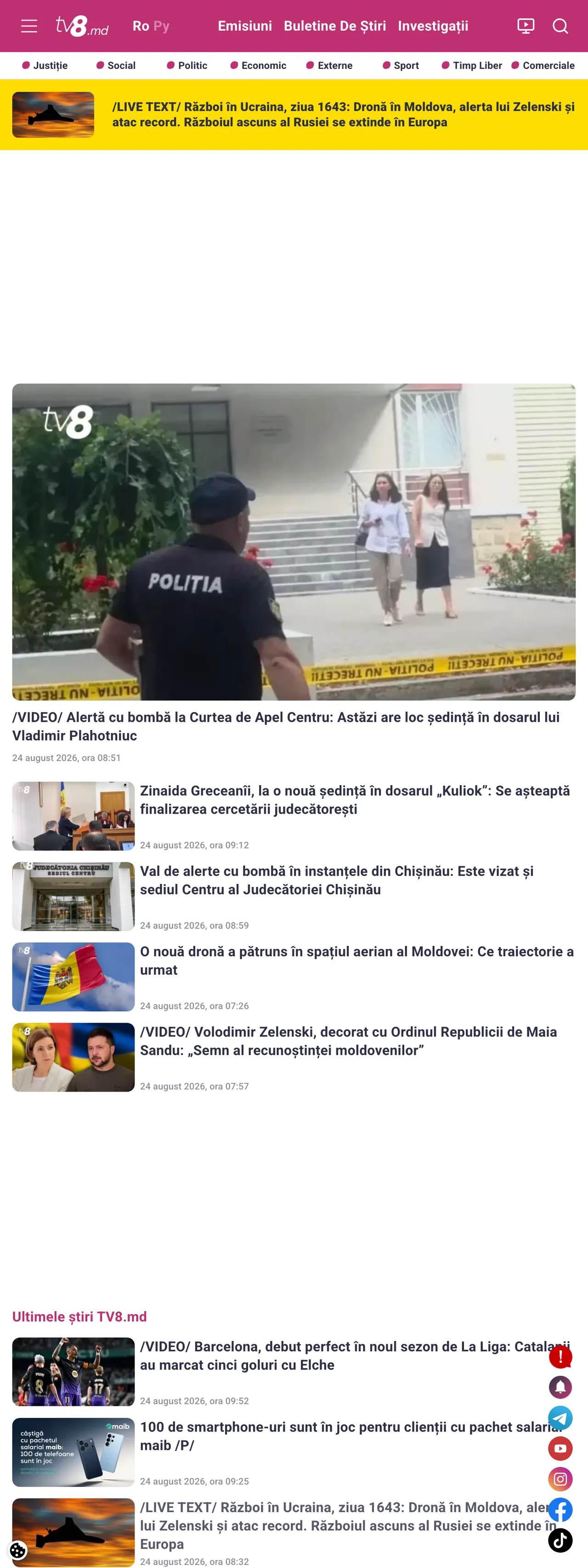 Screenshot of the TV8 front page