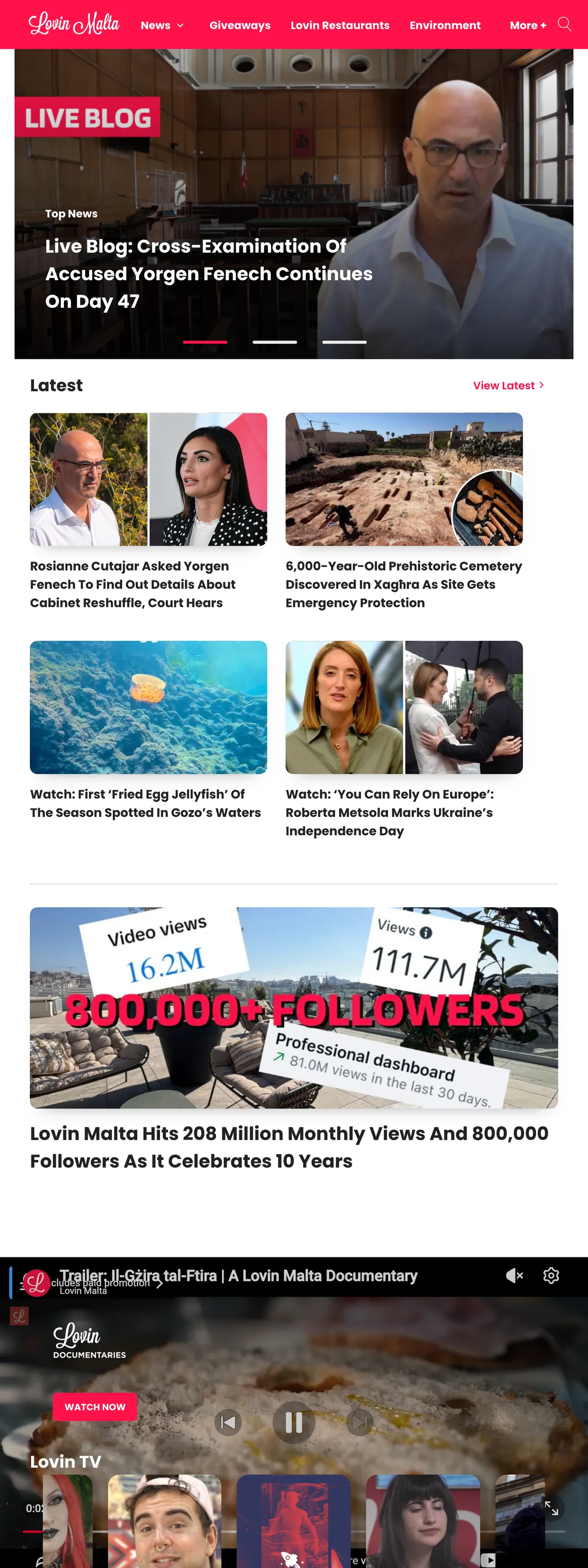 Screenshot of the Lovin Malta front page