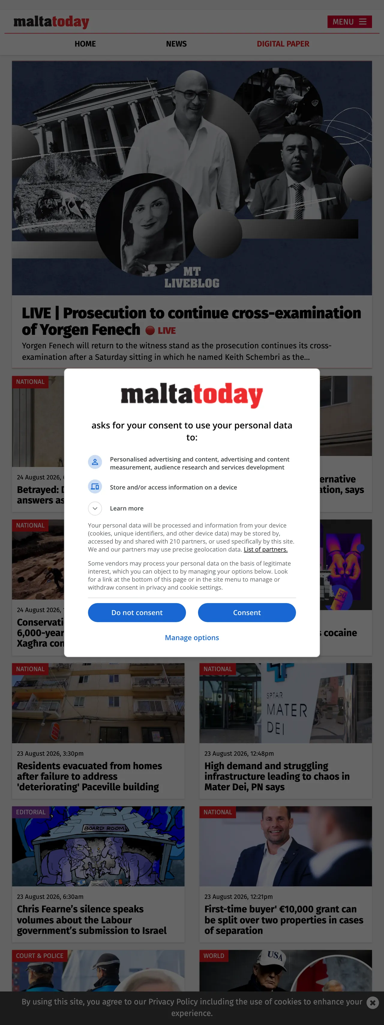Screenshot of the Malta Today front page