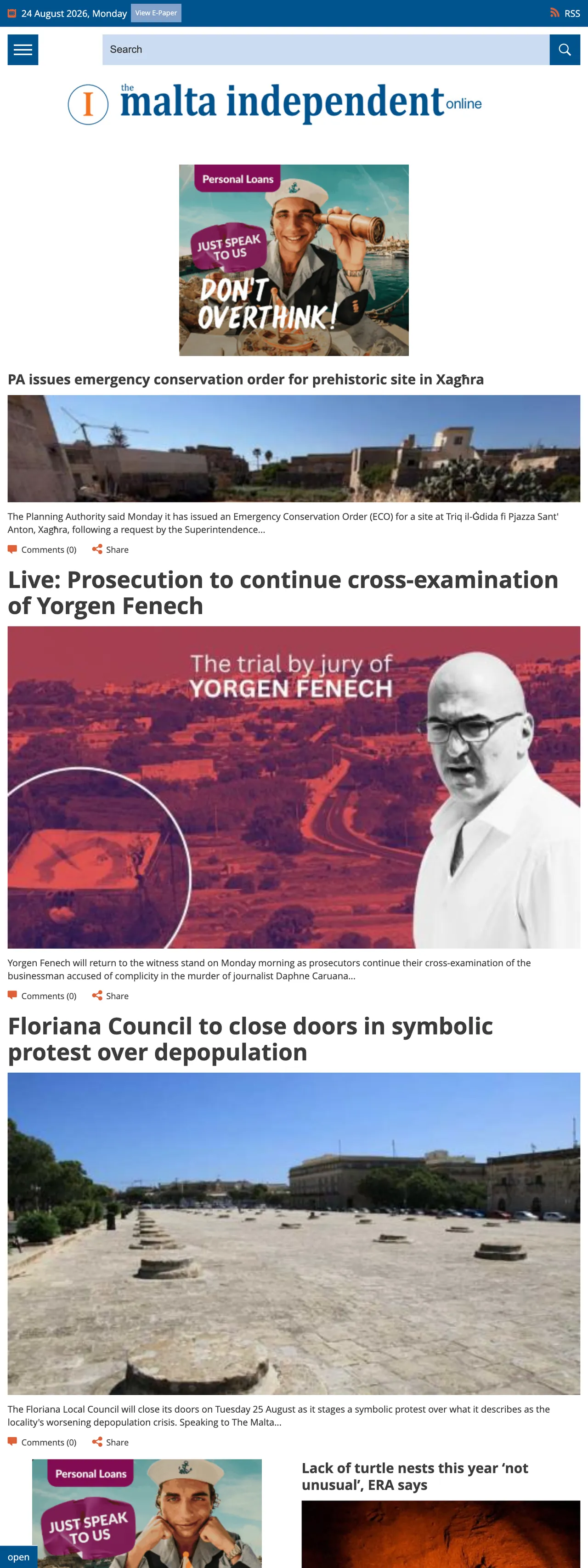 Screenshot of the The Malta Independent front page