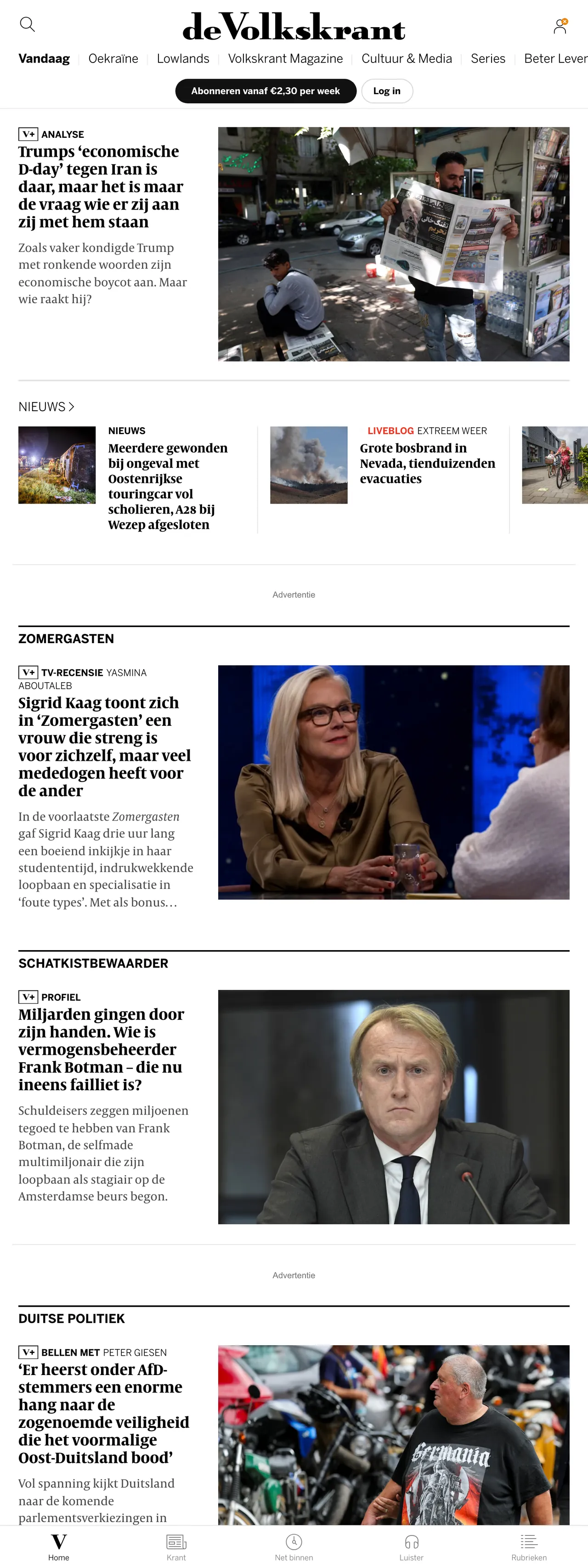 Screenshot of the de Volkskrant front page