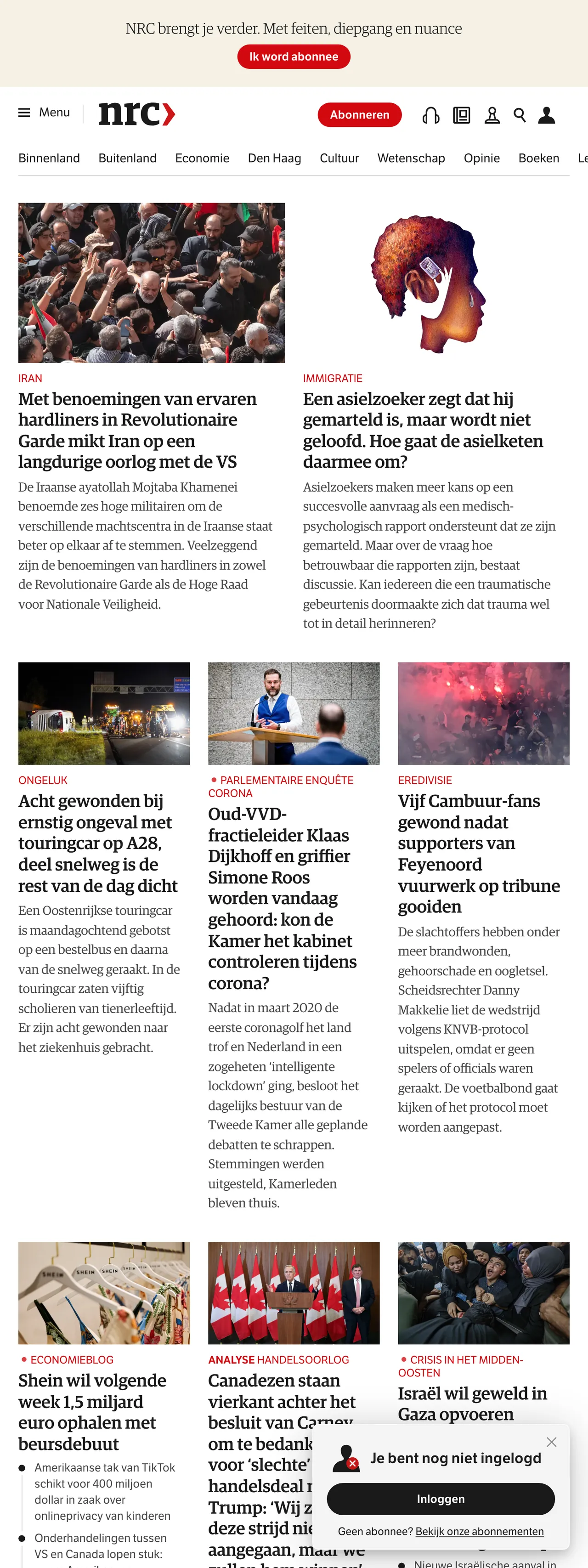 Screenshot of the NRC front page