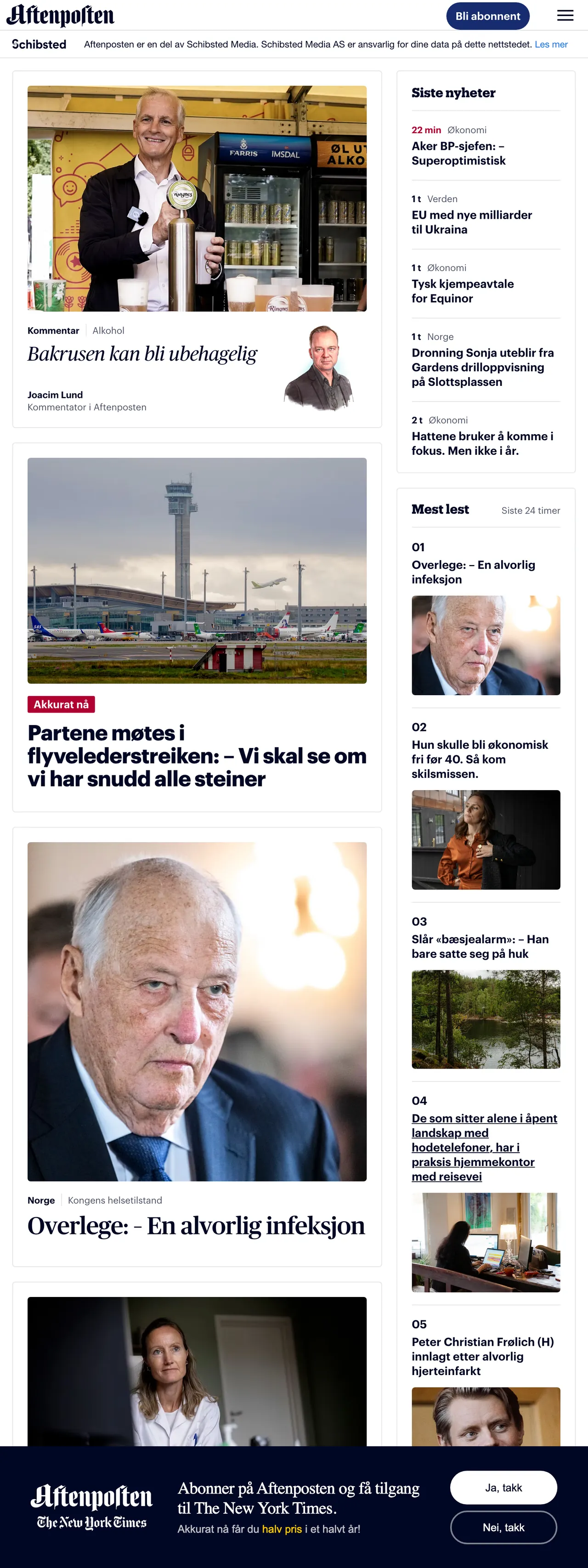Screenshot of the Aftenposten front page