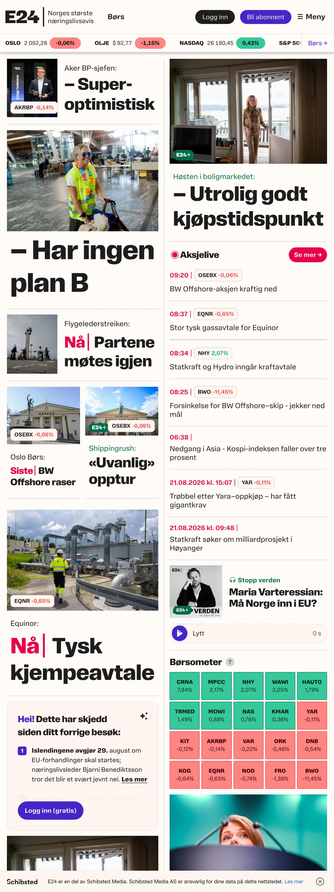 Screenshot of the E24 front page