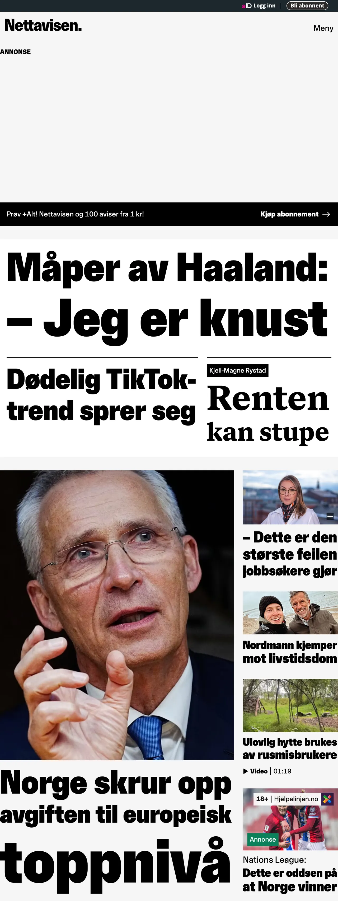 Screenshot of the Nettavisen front page