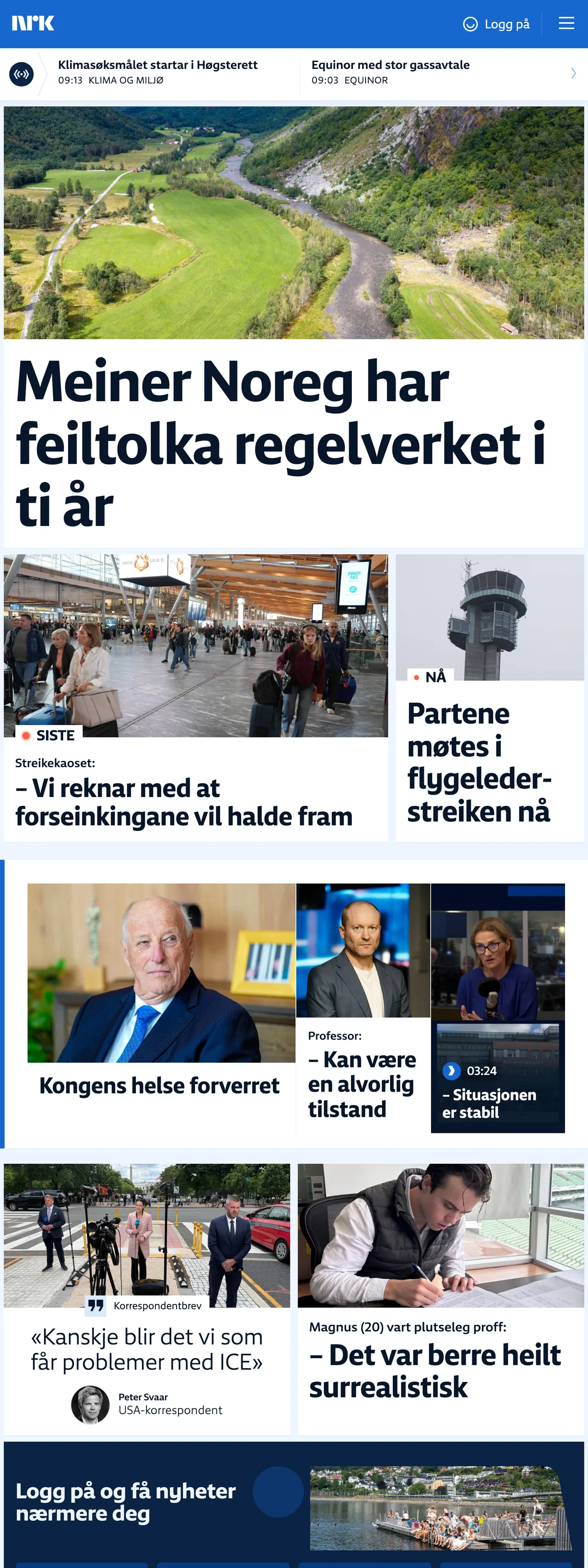 Screenshot of the NRK front page