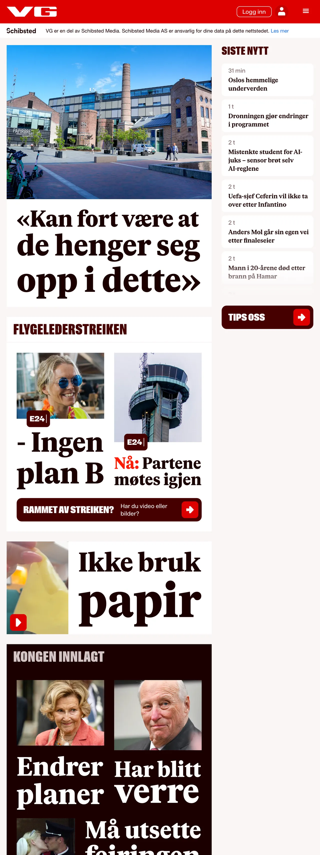 Screenshot of the VG front page