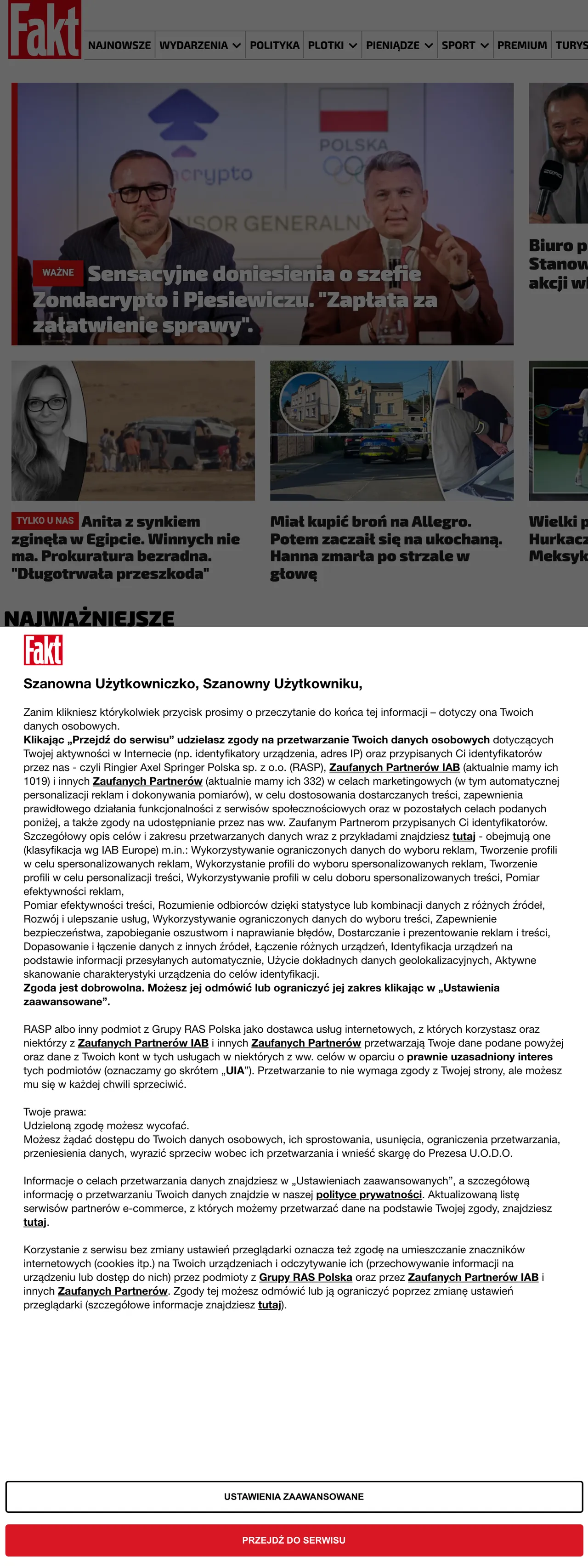 Screenshot of the Fakt front page