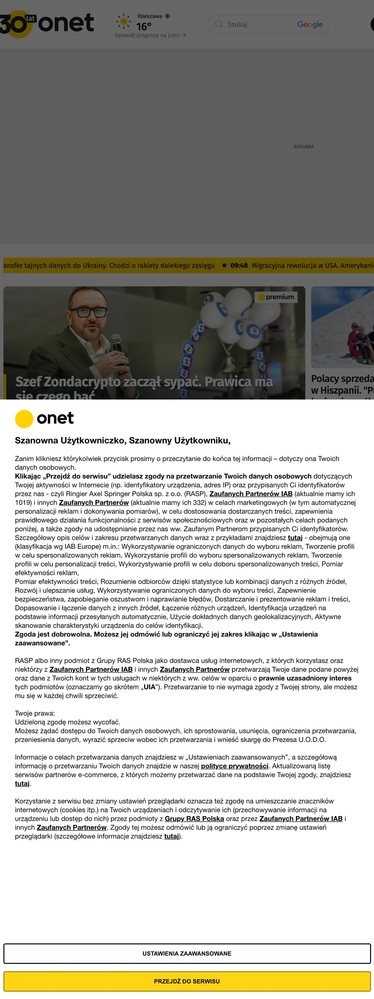 Screenshot of the Onet front page