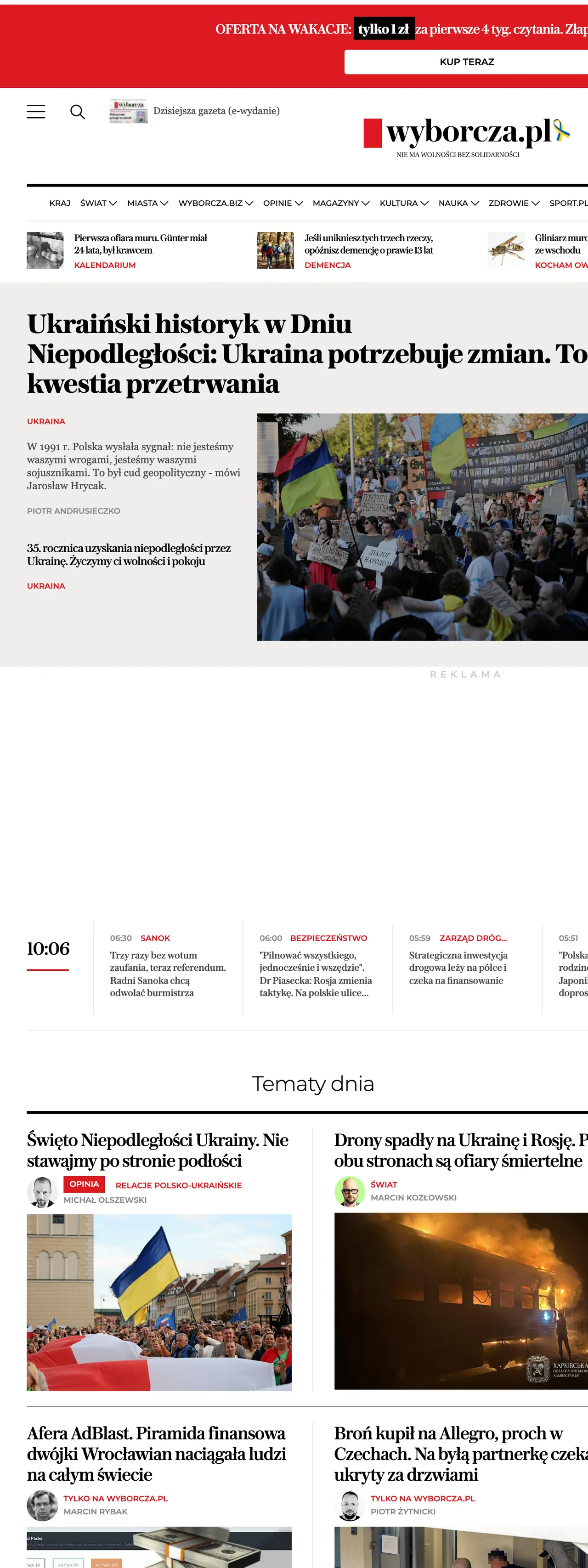 Screenshot of the Wyborcza front page