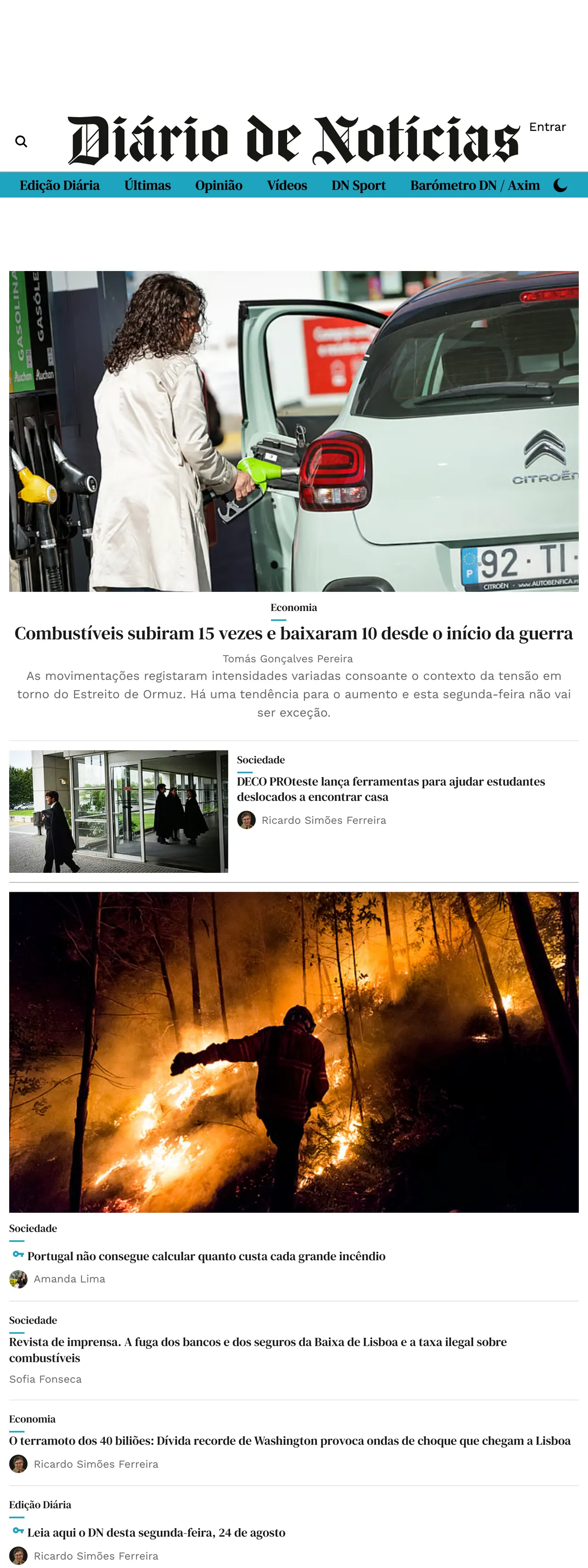 Screenshot of the Diário de Notícias front page