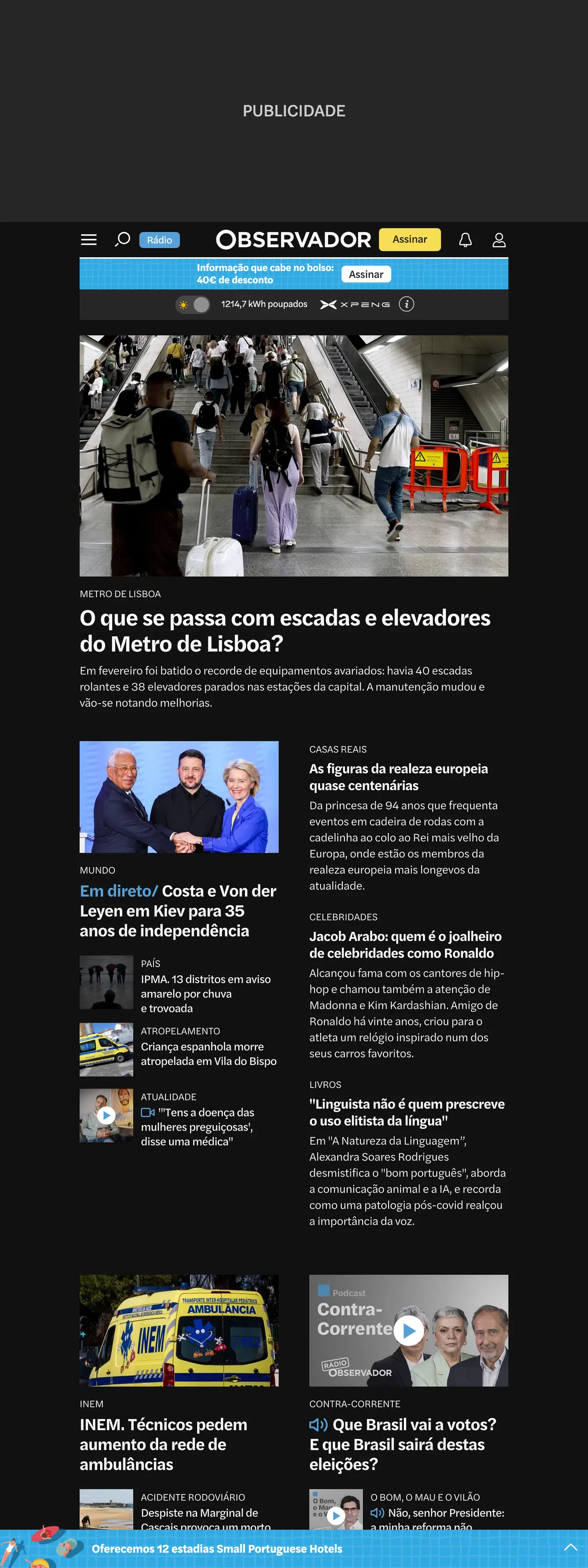 Screenshot of the Observador front page