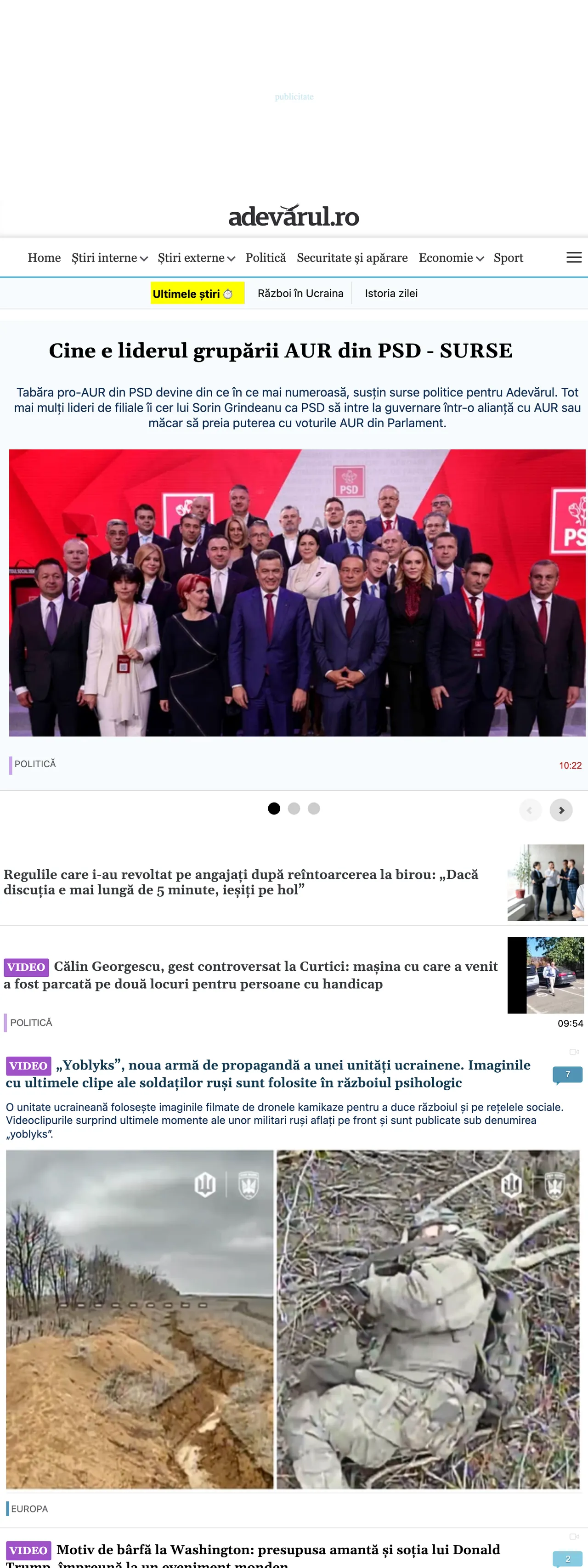 Screenshot of the Adevărul front page