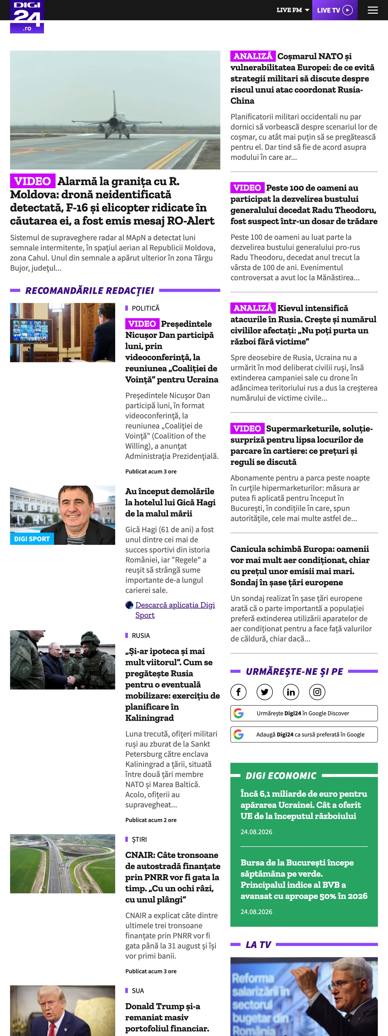Screenshot of the Digi24 front page