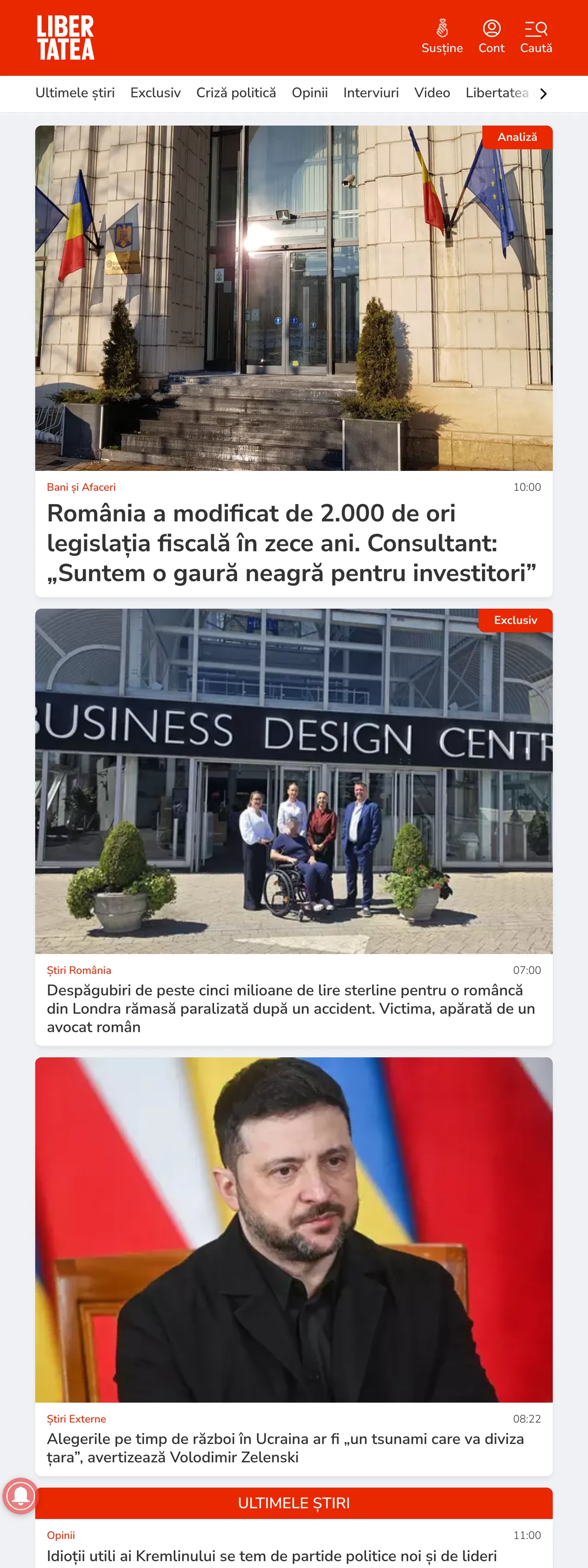 Screenshot of the Libertatea front page