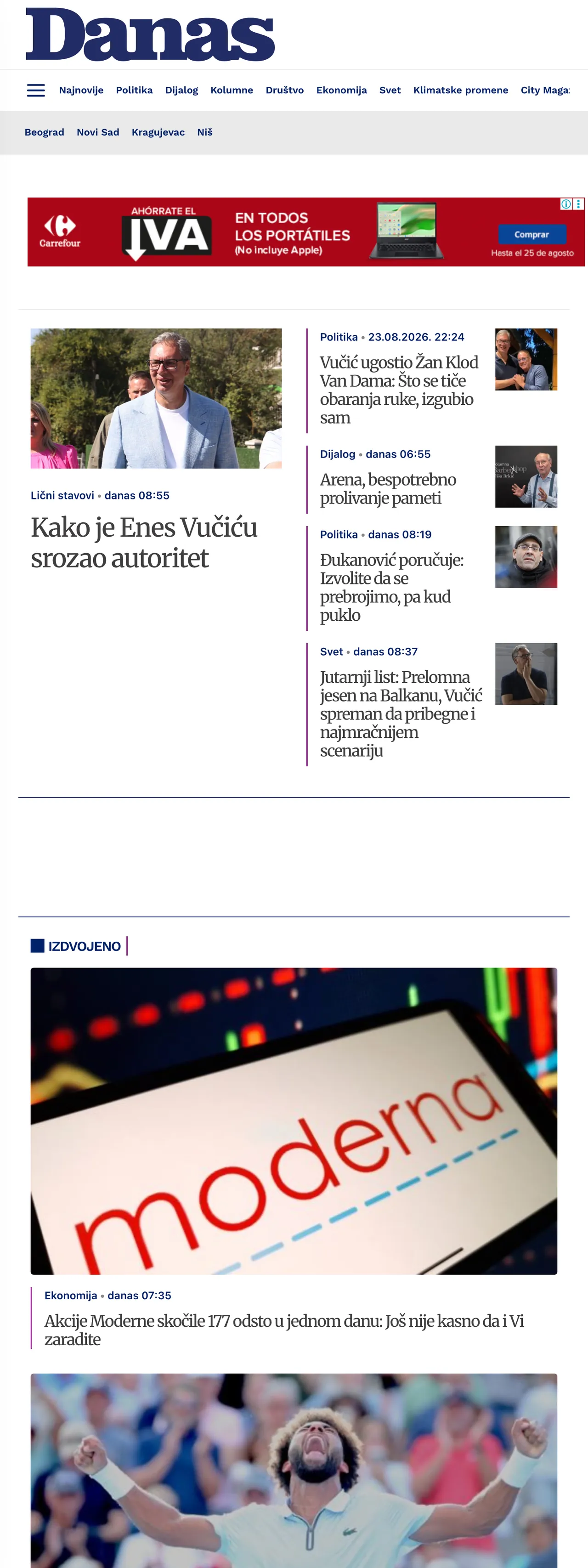 Screenshot of the Danas front page