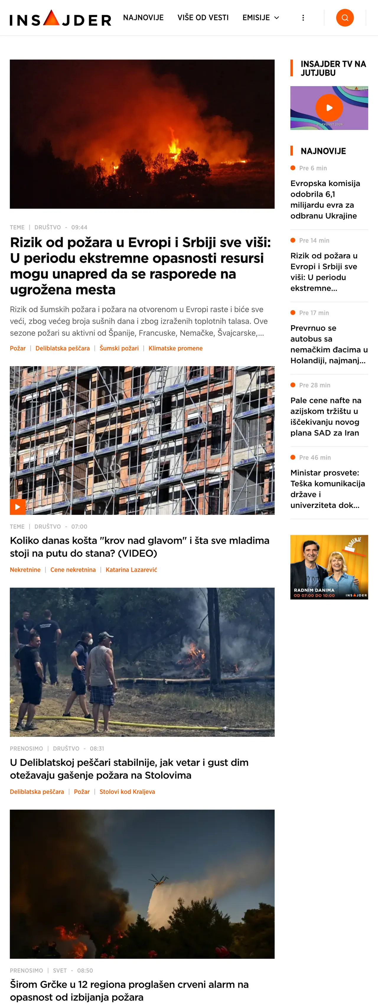 Screenshot of the Insajder front page