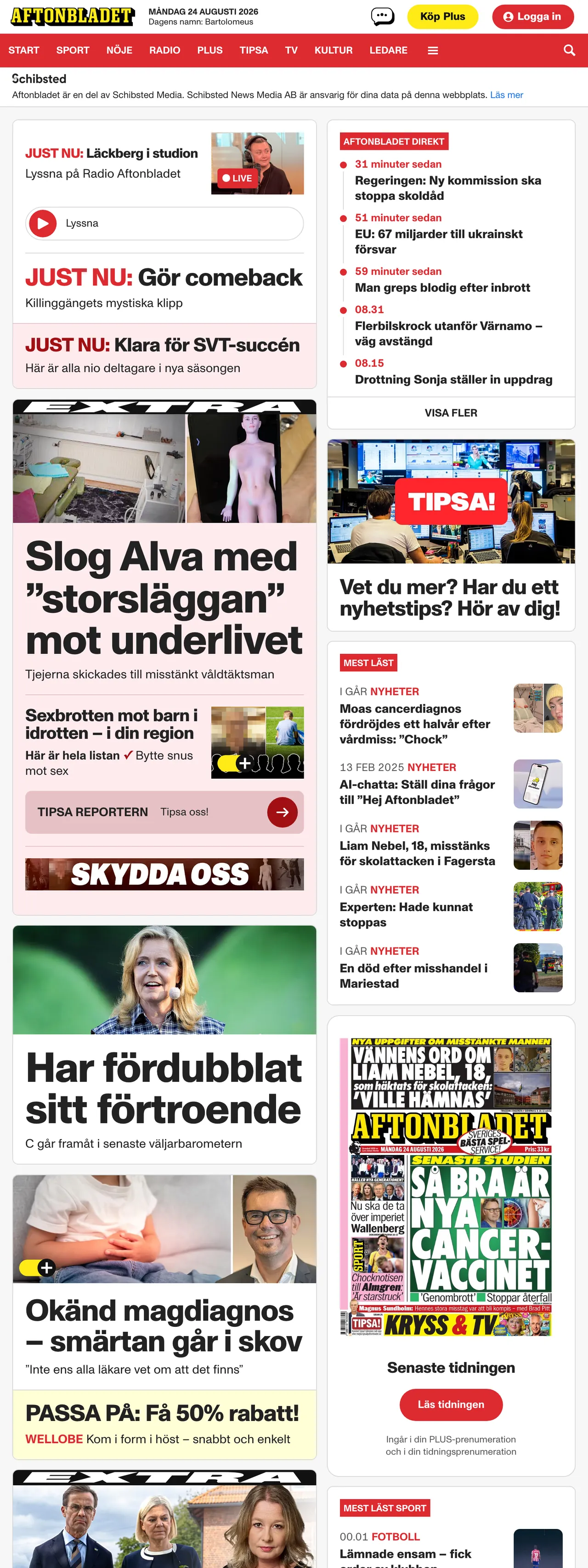 Screenshot of the Aftonbladet front page