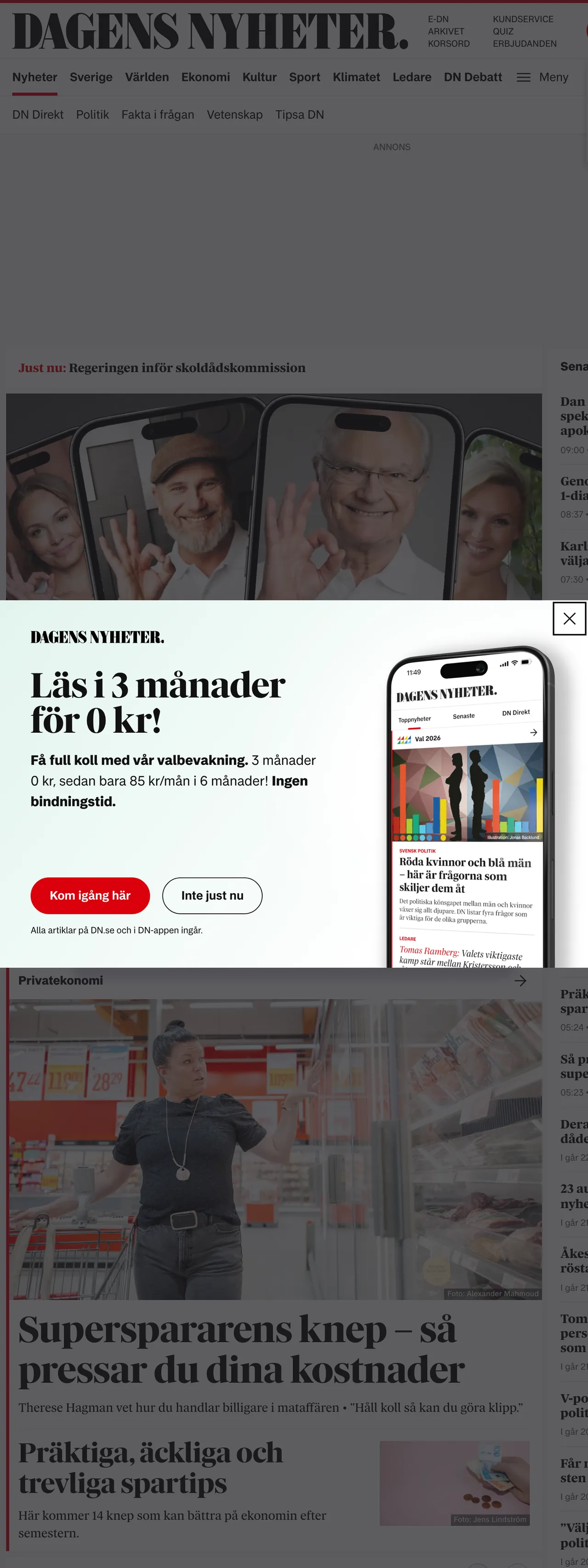 Screenshot of the Dagens Nyheter front page