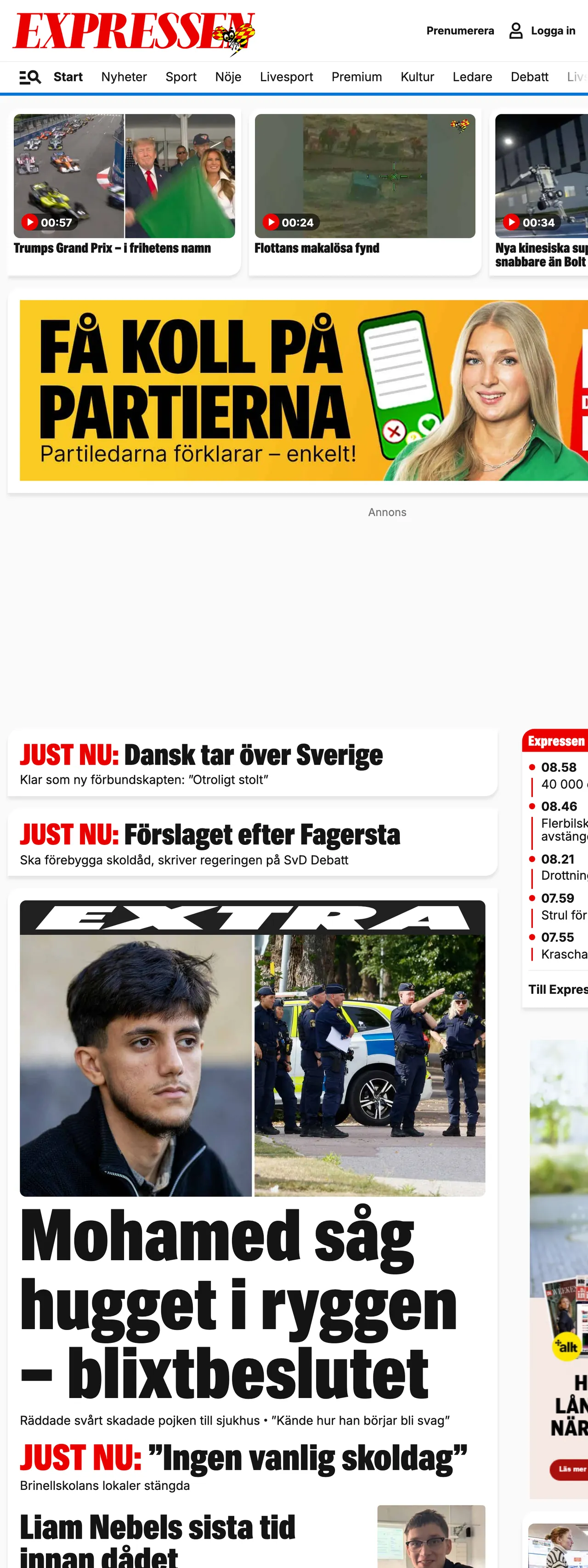 Screenshot of the Expressen front page