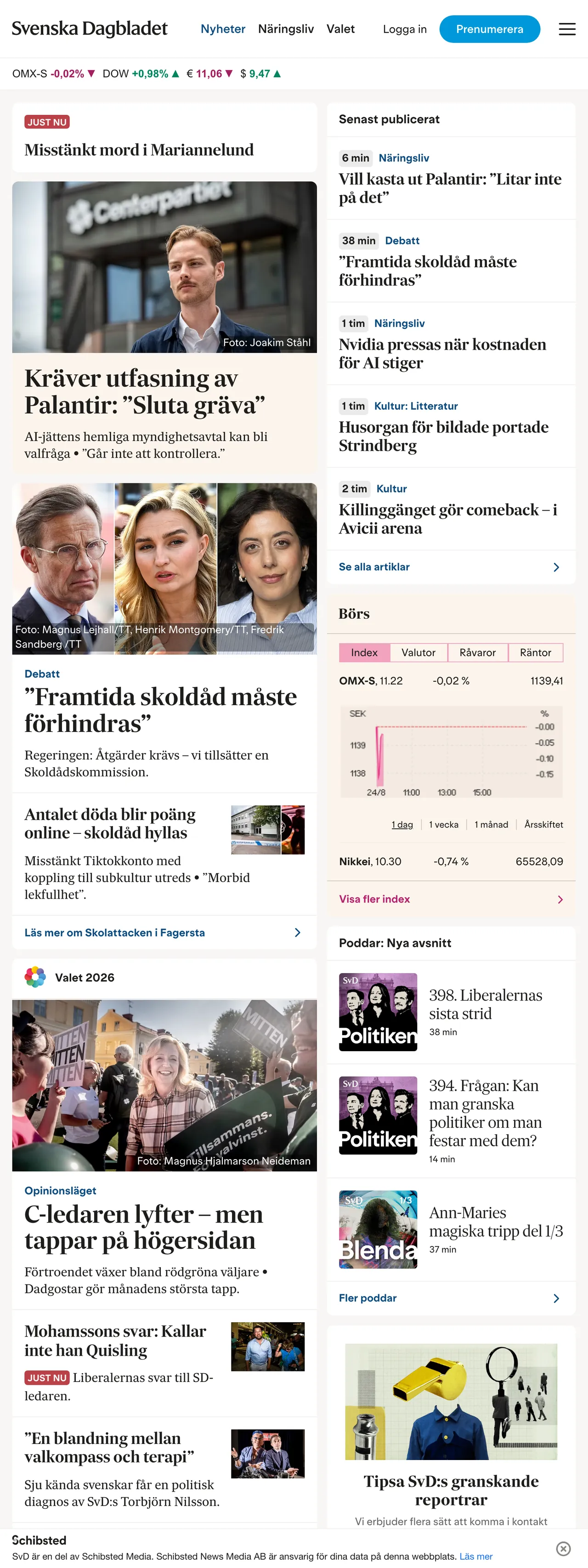 Screenshot of the Svenska Dagbladet front page