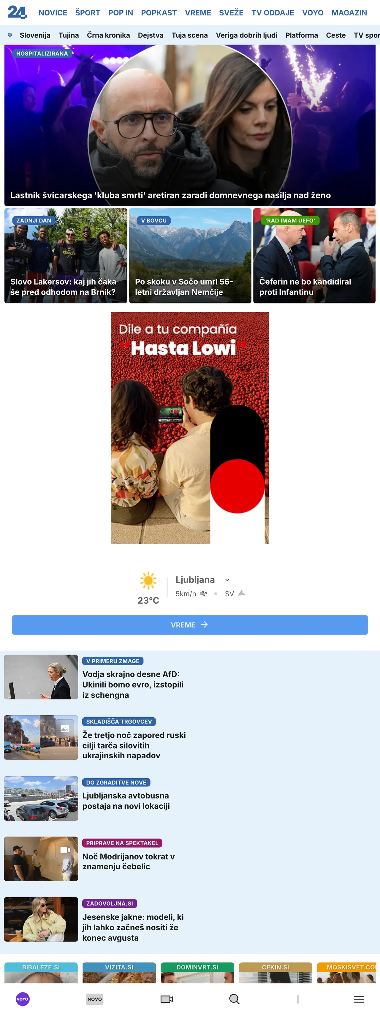Screenshot of the 24ur front page